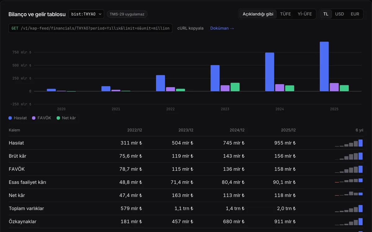 Bilanço ve gelir tablosu: TL, USD, EUR